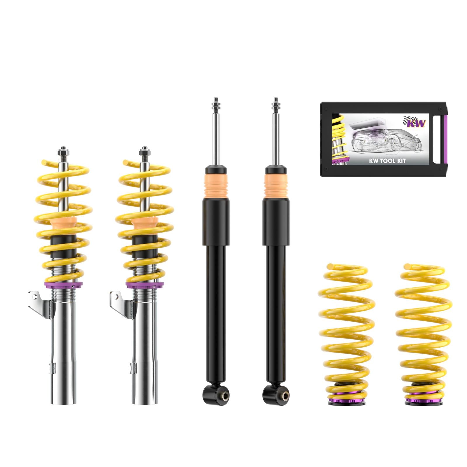 Coilover kit with dampers, yellow springs and adjustment tools