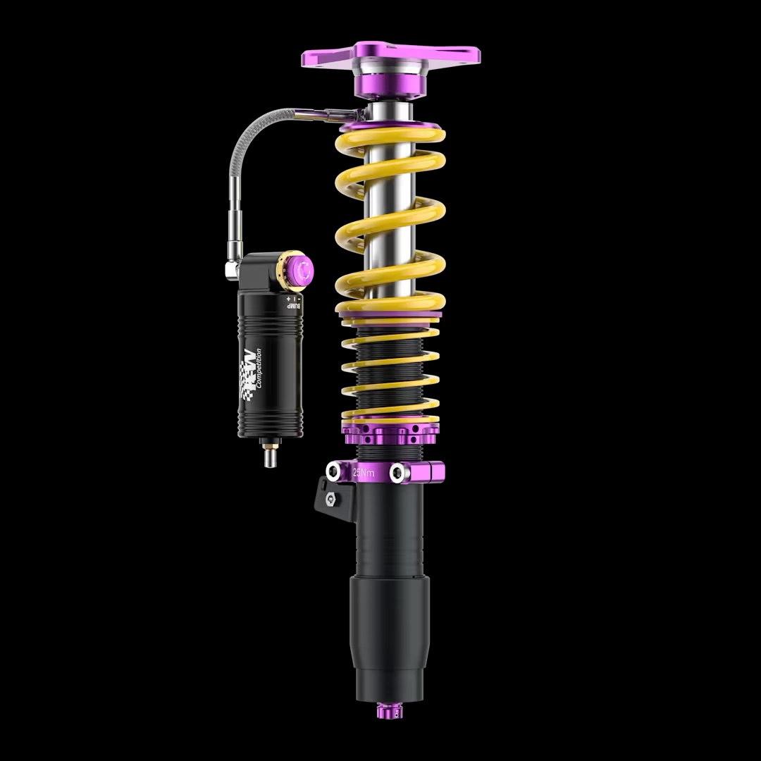 Premium adjustable damper with a yellow spring and an external reservoir for stiffness adjustment